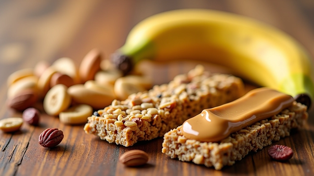 Variedade de snacks sem refrigeração: barras de aveia caseiras, mistura de frutos secos, banana e manteiga de amendoim em prato de madeira