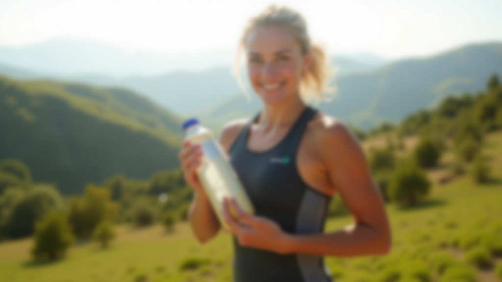 Atleta com garrafas de água e snacks energéticos em paisagem portuguesa