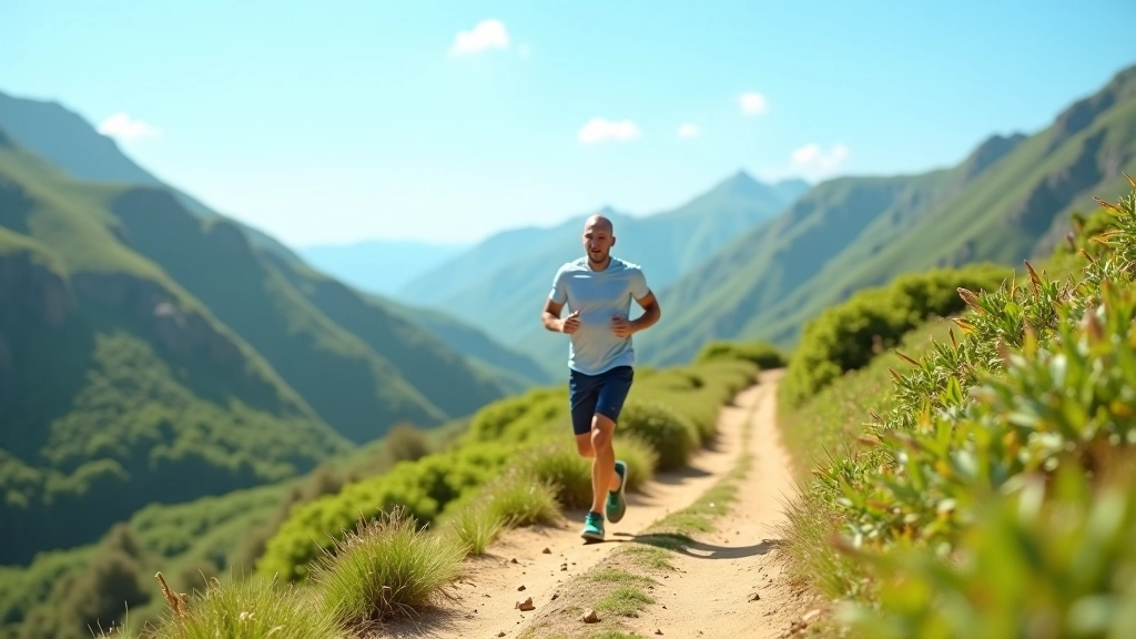 Pessoa atlética a correr em trilho florestal durante o dia com paisagem natural ao fundo