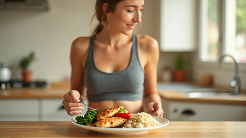 Atleta a comer um prato nutritivo com frango grelhado, arroz integral e legumes verdes