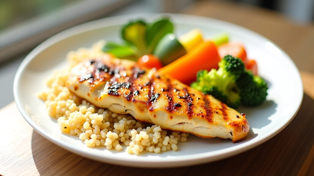 Prato balanceado mostrando porções de proteína, hidratos complexos e vegetais frescos coloridos