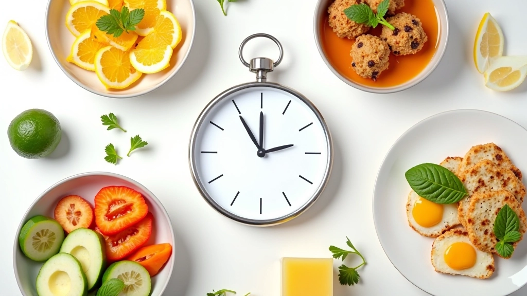 Relógio a mostrar diferentes horas do dia com refeições variadas dispostas em redor