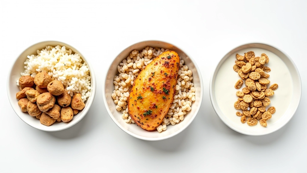 Várias refeições saudáveis lado a lado em diferentes pratos e taças, incluindo frango, arroz, aveia e iogurte