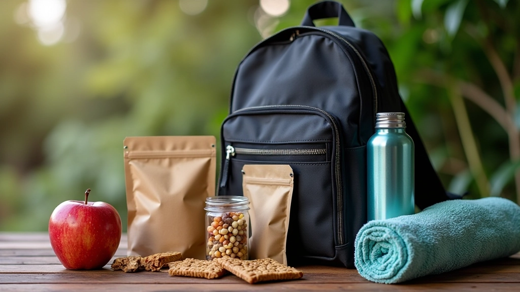 Mochila de treino organizada com snacks: garrafa de água, barras energéticas, frutos secos em saco pequeno, maçã, e toalha de treino