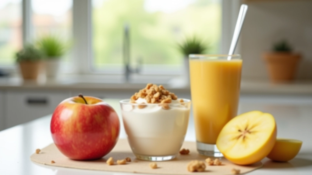 Preparação rápida de snacks: maçã com manteiga de amendoim, iogurte com granola, e um copo de batido com banana e aveia em bancada de cozinha moderna