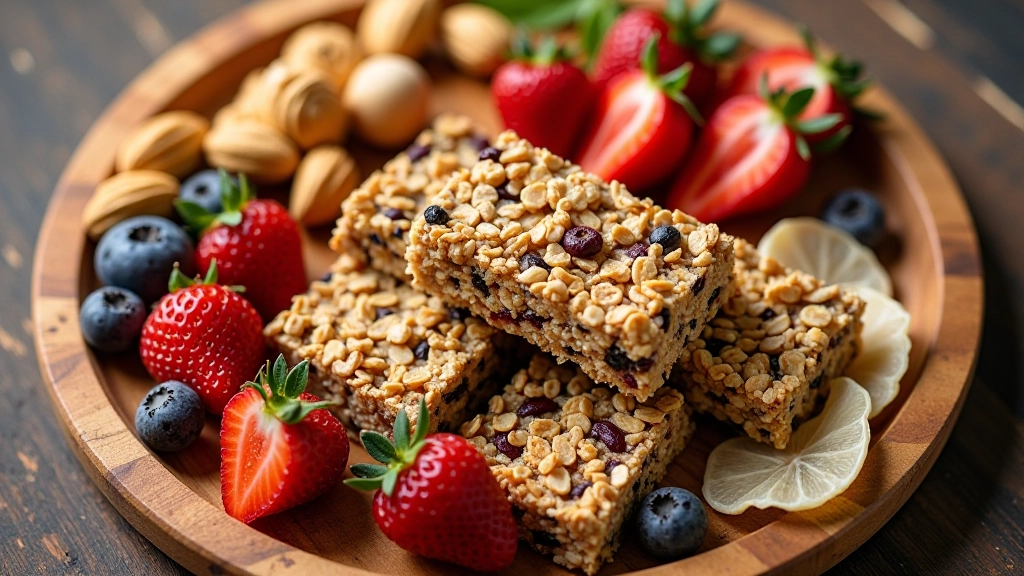 Variedade de snacks saudáveis: barras de cereais caseiras, frutas secas, frutos secos e barras energéticas naturais