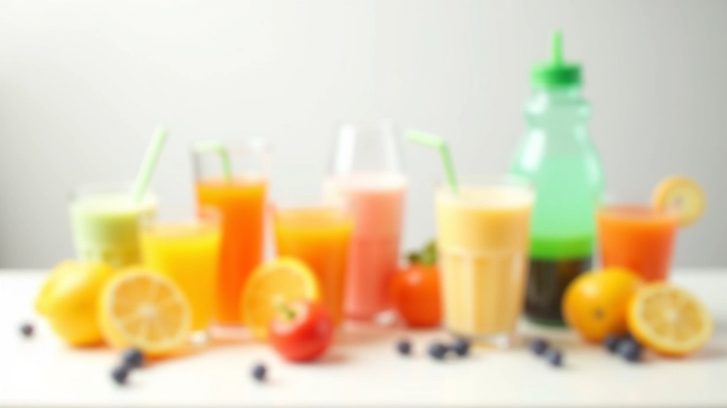 Diferentes tipos de bebidas desportivas em copos, incluindo água, sumo e bebida com eletrólitos