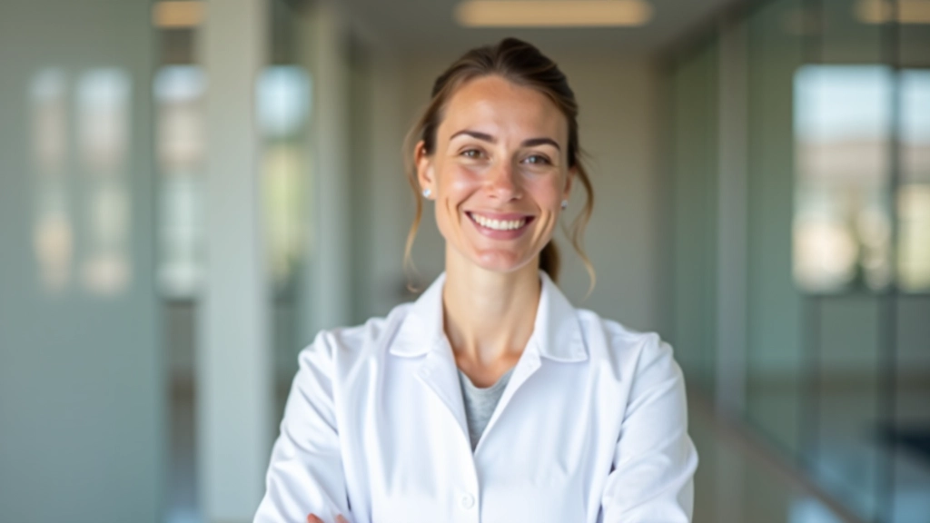 Nutricionista desportiva com sorriso profissional, consultório moderno