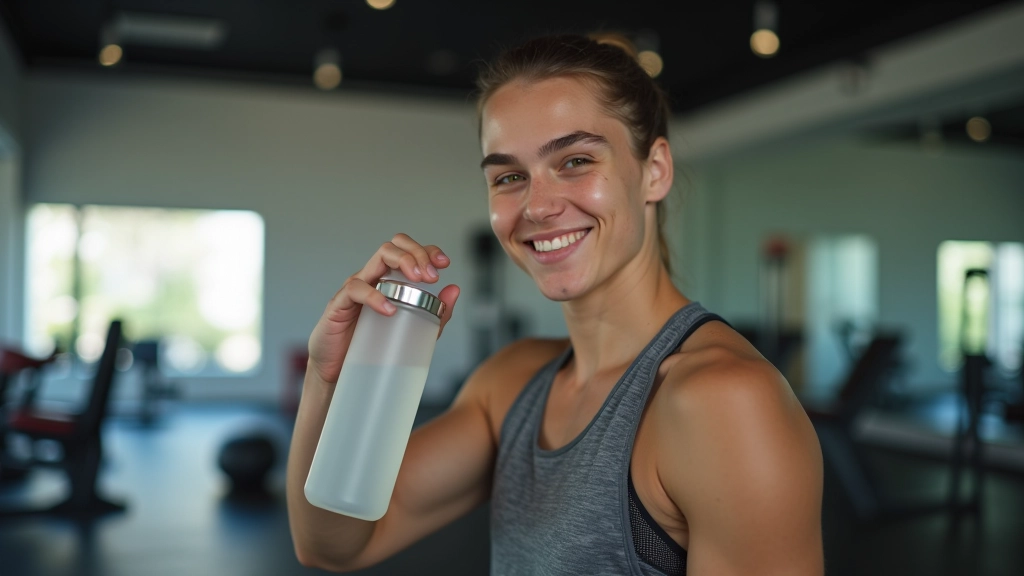 Atleta a beber água durante pausa de treino, ambiente de ginásio moderno com equipamento de exercício